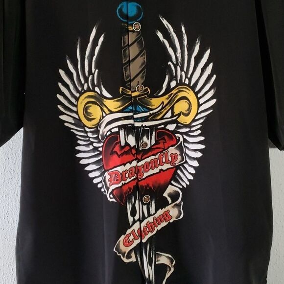 Dragonfly Men’s 90's Button Down Bowling Shirt Heart with Knife Sword Wings XL - Picture 2 of 8